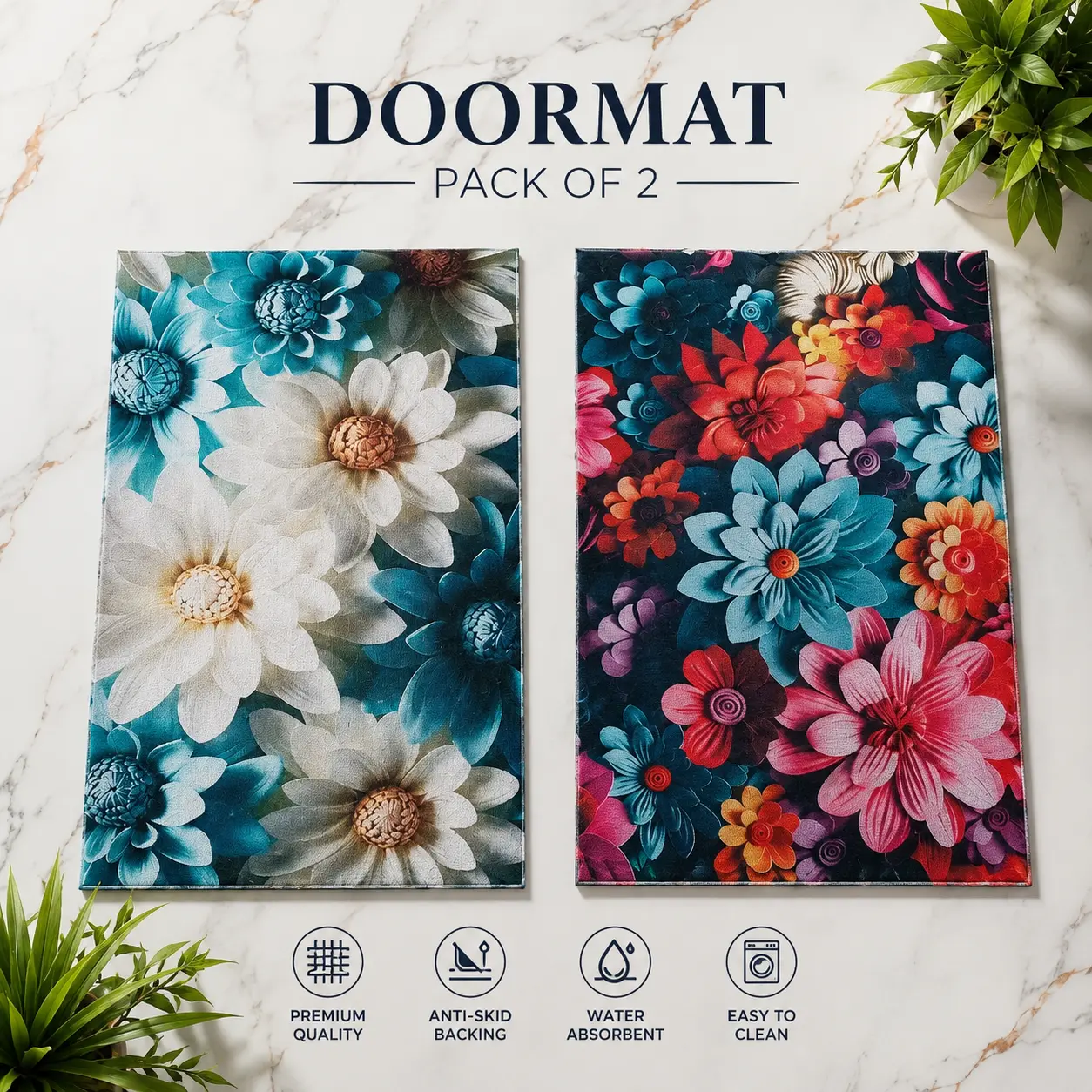 Flower Design Rubber Door And Floor Mat, 45*75 Cm, 2500 GSM (Pack Of 2)
