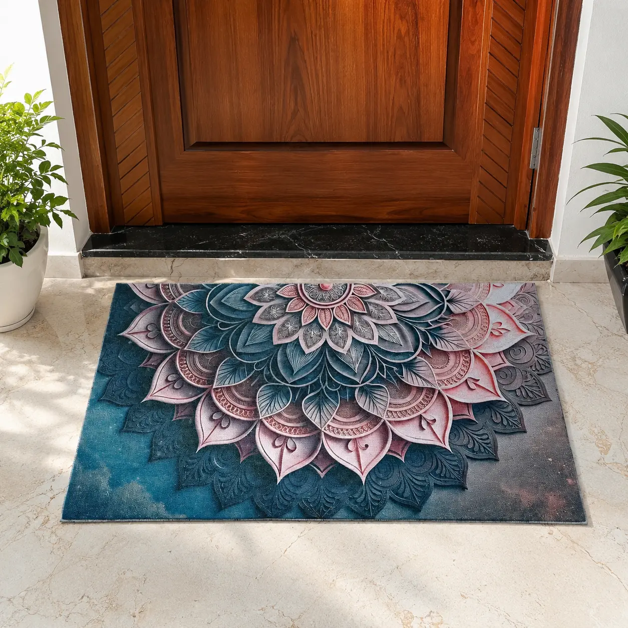 Lotus Pattern Premium Rubber Door And Floor Mat, 45*75 Cm, 2500 GSM