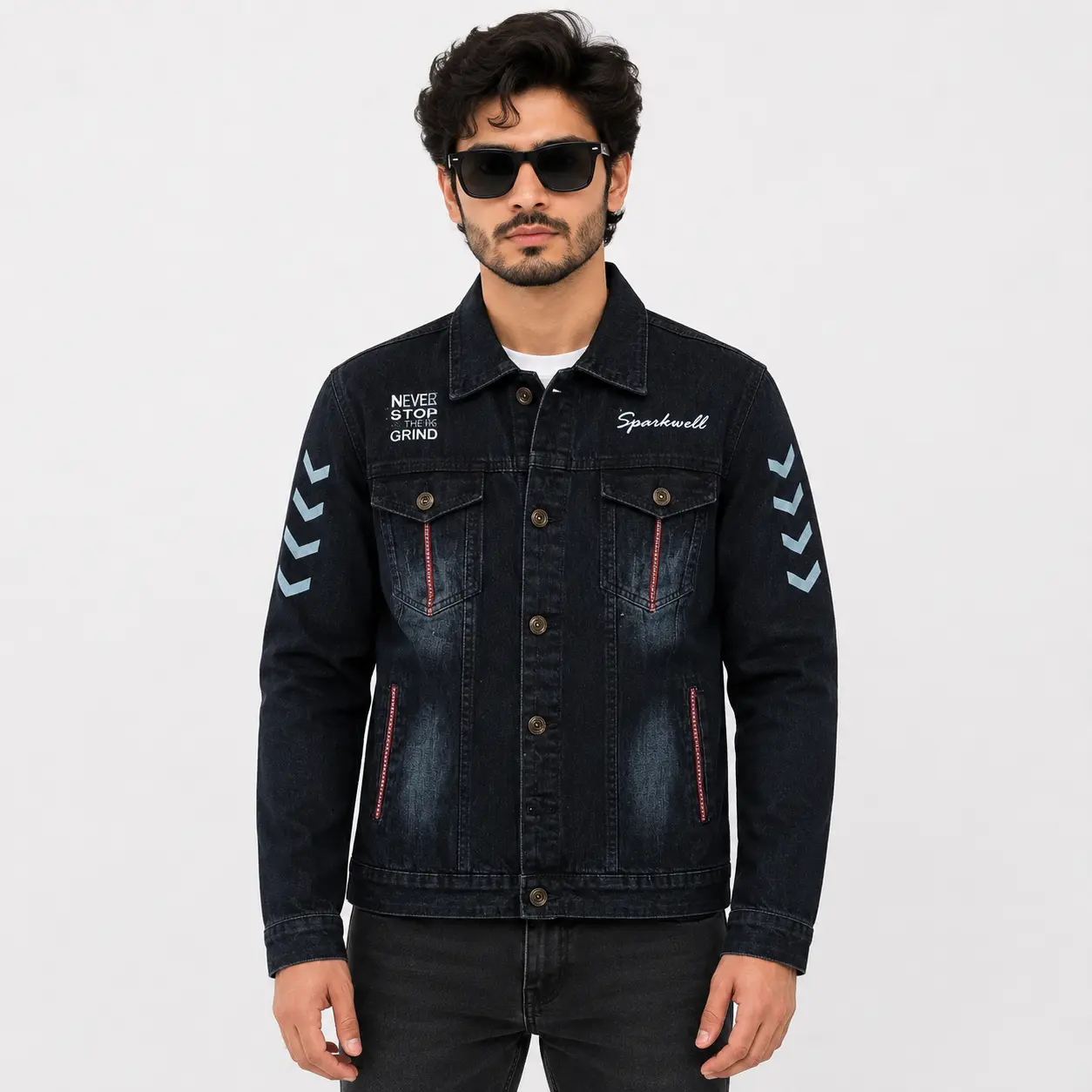 Men's Navy Blue Denim Jacket with Graphic Print | Stylish Regular Fit Casual Wear